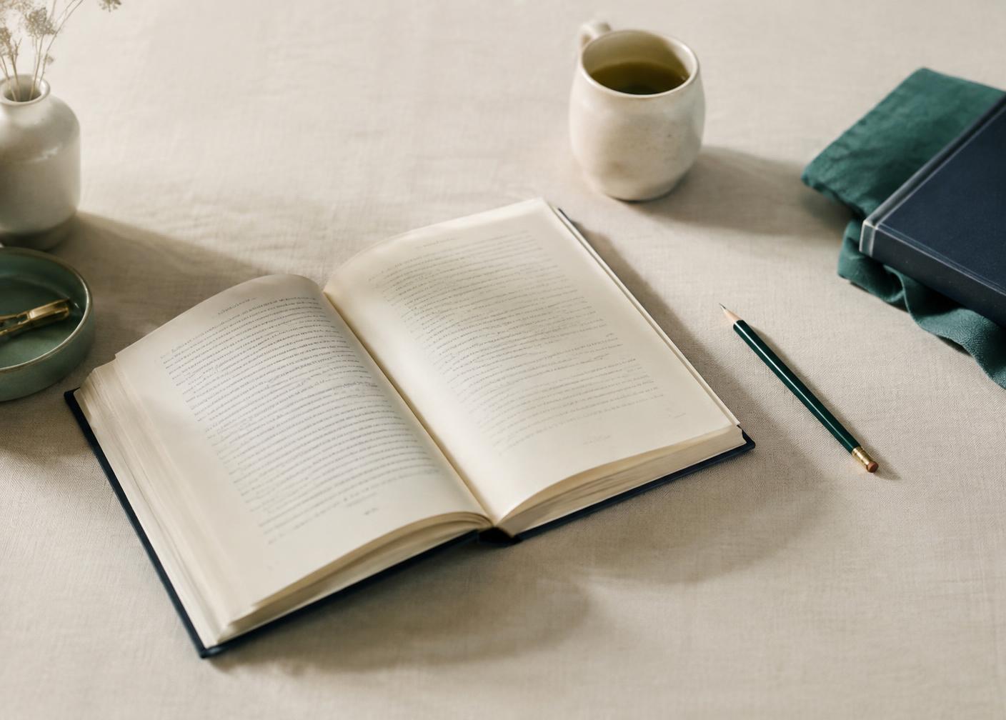 An open book and pencil on a linen desk